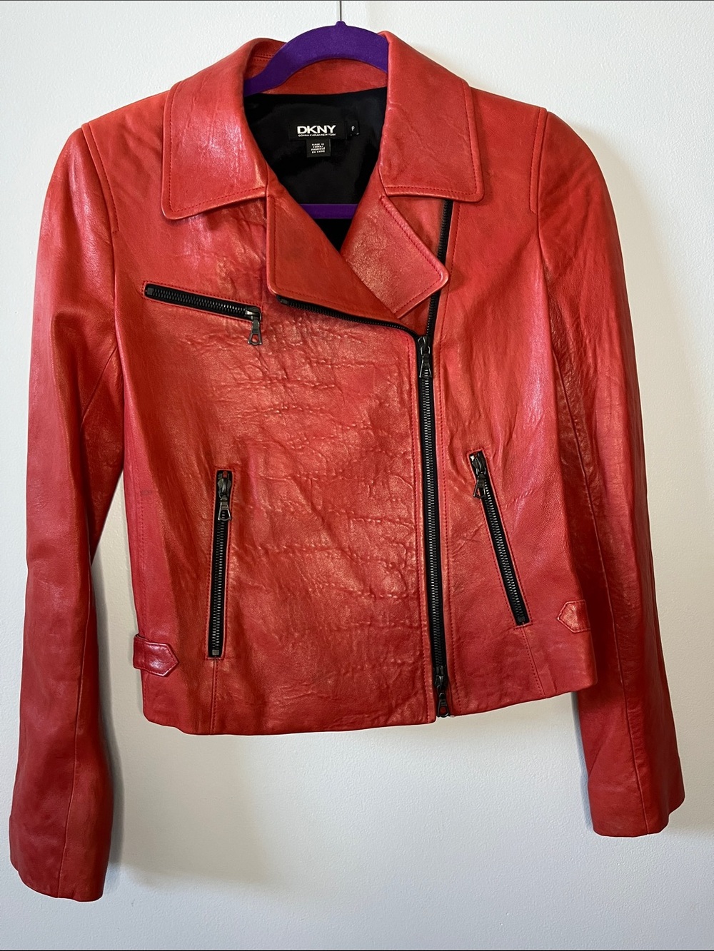 $995 DKNY Donna Karan New York red lamb skin leather moto jacket NWT